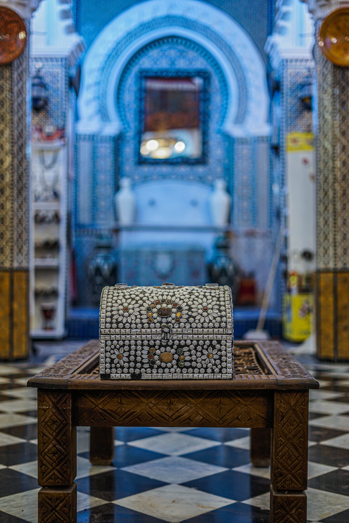 Ornate Inlaid Metal and Stone Jewelry Box
