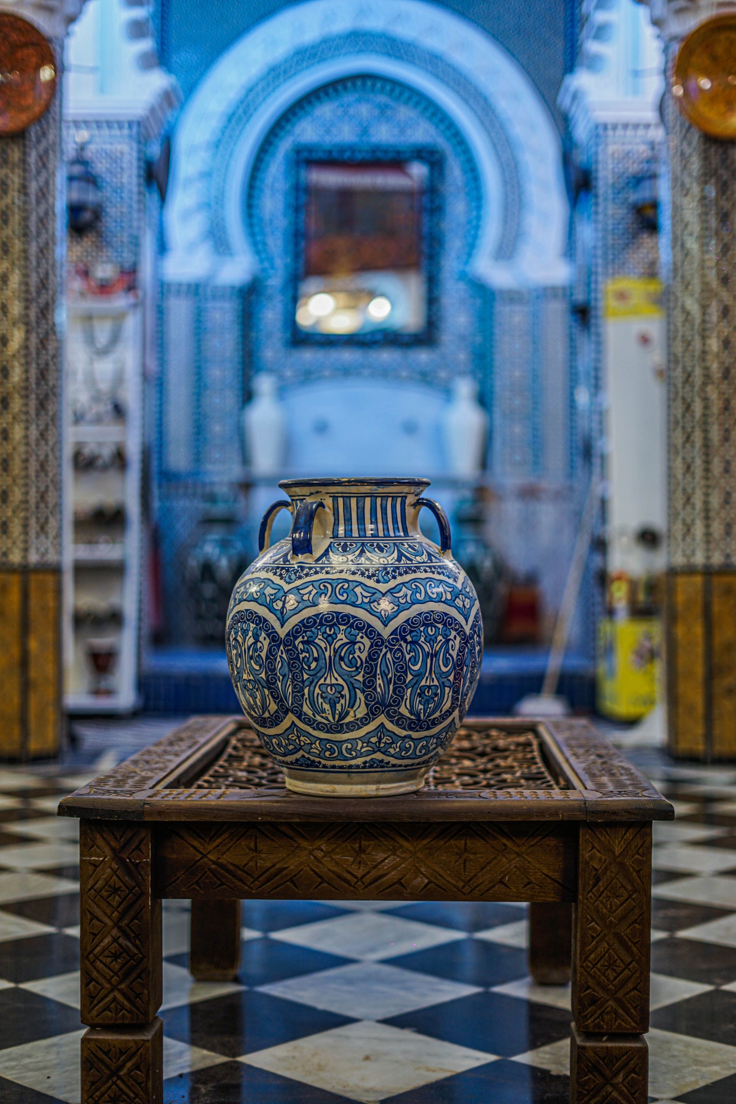 Blue Moroccan Ceramic Urn with Intricate Designs