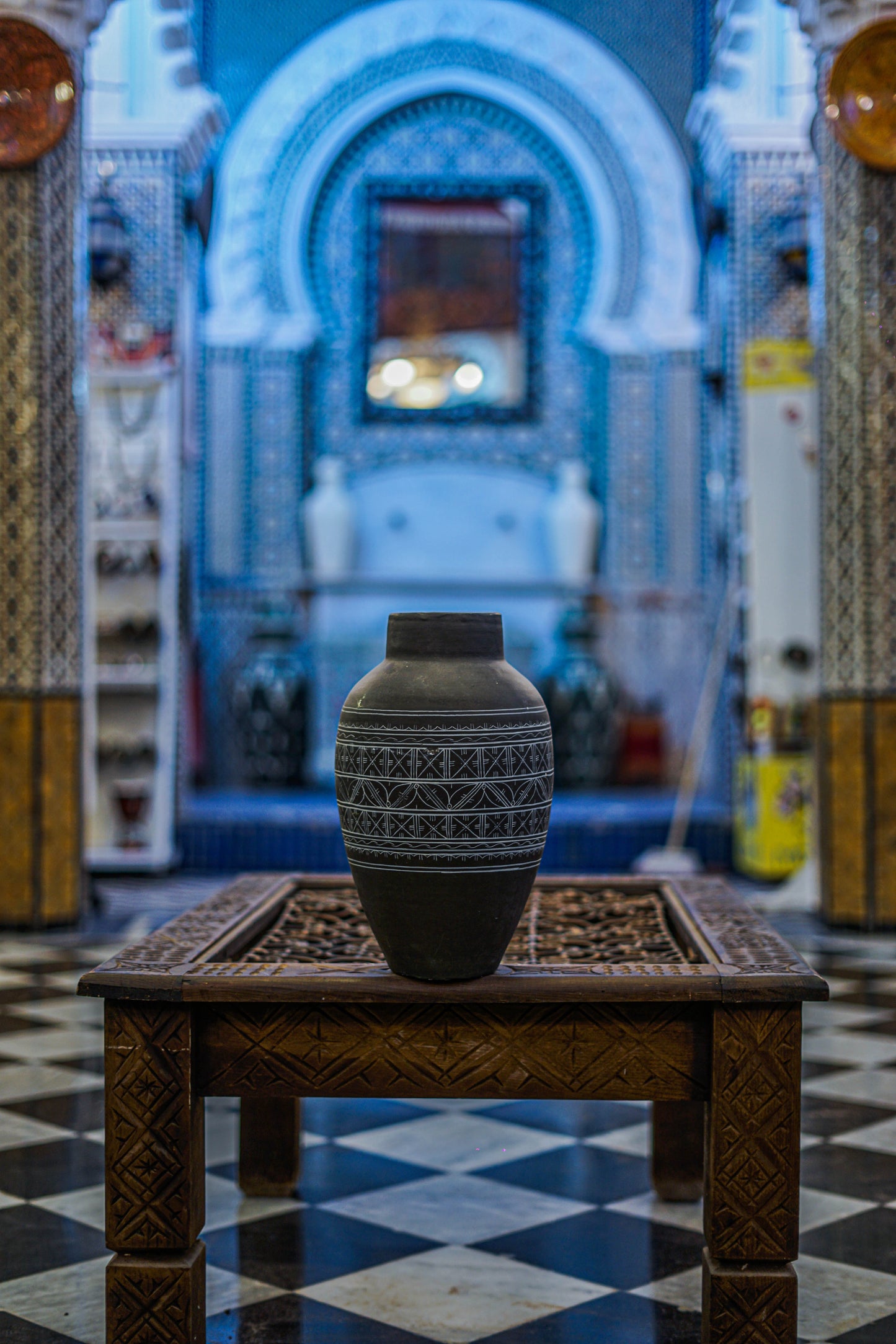 Hand-Etched Dark Ceramic Vase with Geometric Patterns