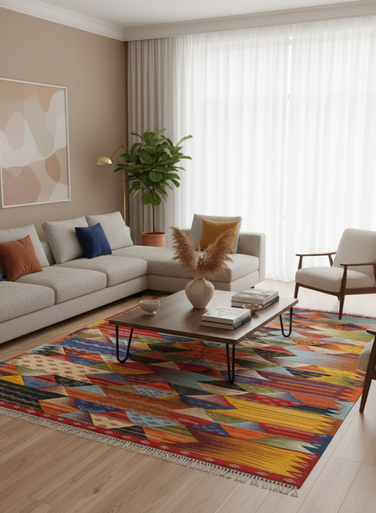 Vibrant Handwoven Moroccan Mkarbak Rag Rug - Patchwork Design