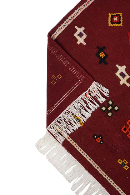 Close-up of a red patterned rug with white fringe on a white background